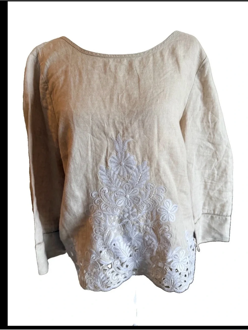 J. Crew 100% linen Embroidered floral eyelet blouse flax beige boho chic coastal